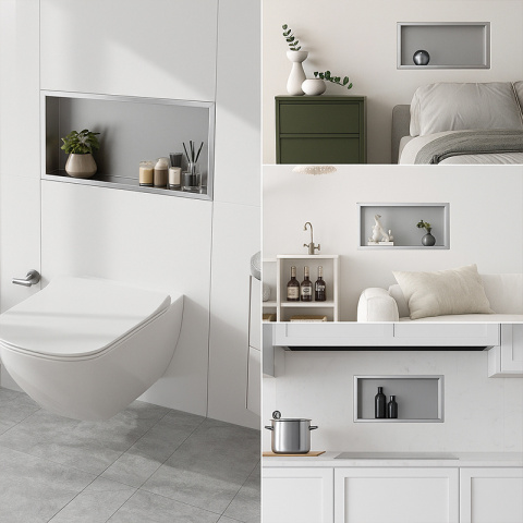 PÓŁKA ŁAZIENKOWA WNĘKOWA IGA Z KOŁNIERZEM CHROM 45X30X7 CM