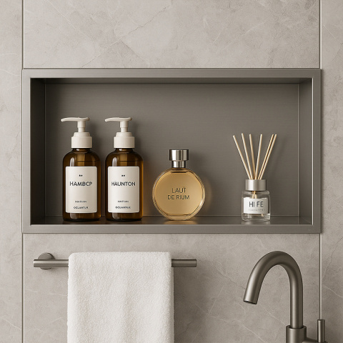 PÓŁKA ŁAZIENKOWA WNĘKOWA IGA Z KOŁNIERZEM CHROM 60X30X10 CM