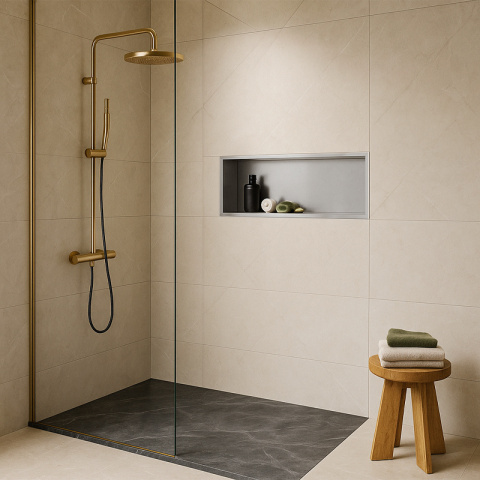 PÓŁKA ŁAZIENKOWA WNĘKOWA IGA Z KOŁNIERZEM CHROM 60X30X10 CM