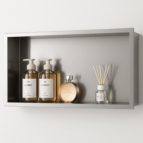 PÓŁKA ŁAZIENKOWA WNĘKOWA IGA Z KOŁNIERZEM CHROM 60X30X10 CM