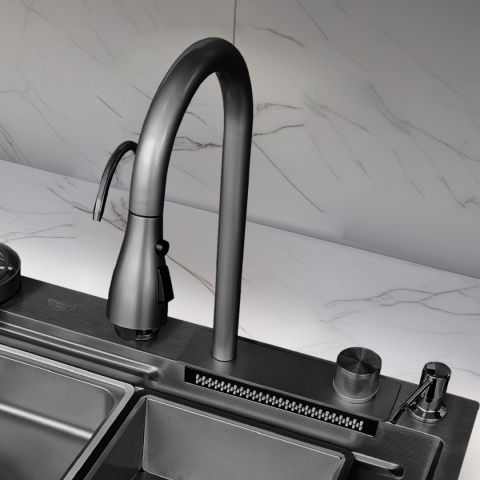 ZLEW KUCHENNY JEDNOKOMOROWY Z WODOSPADEM WIELOFUNKCYJNY CZARNY COSTA-BL-68X46