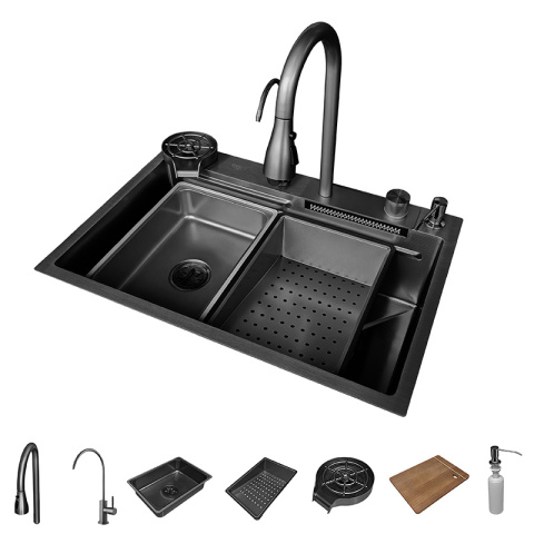 ZLEW KUCHENNY JEDNOKOMOROWY Z WODOSPADEM WIELOFUNKCYJNY CZARNY COSTA-BL-68X46