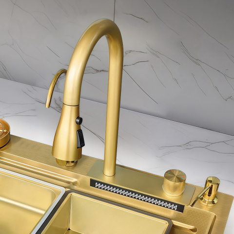 ZLEW KUCHENNY JEDNOKOMOROWY Z WODOSPADEM WIELOFUNKCYJNY ZŁOTY COSTA-GL-68X46