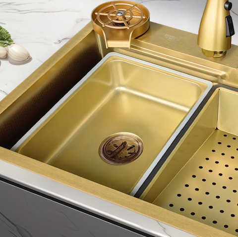 ZLEW KUCHENNY JEDNOKOMOROWY Z WODOSPADEM WIELOFUNKCYJNY ZŁOTY COSTA-GL-68X46