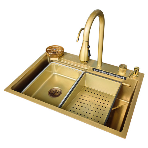ZLEW KUCHENNY JEDNOKOMOROWY Z WODOSPADEM WIELOFUNKCYJNY ZŁOTY COSTA-GL-68X46