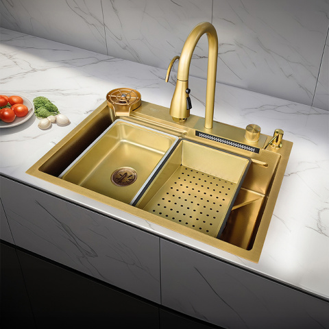 ZLEW KUCHENNY JEDNOKOMOROWY Z WODOSPADEM WIELOFUNKCYJNY ZŁOTY COSTA-GL-68X46