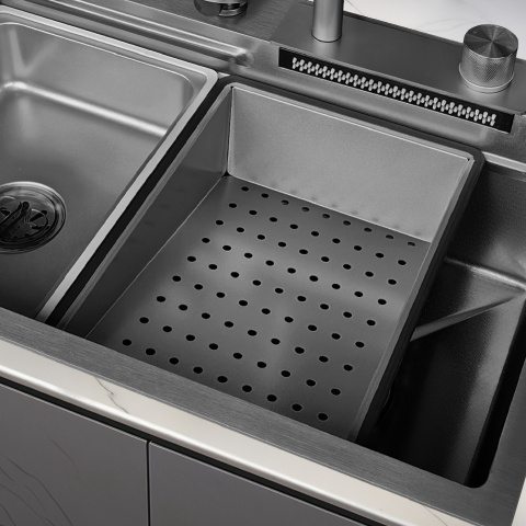 ZLEW KUCHENNY JEDNOKOMOROWY Z WODOSPADEM WIELOFUNKCYJNY GRAFITOWY TOKIO-BL-75X46