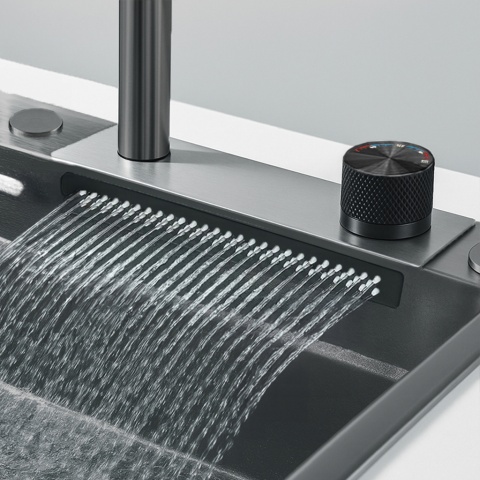 ZLEW KUCHENNY JEDNOKOMOROWY Z WODOSPADEM WIELOFUNKCYJNY CZARNY COSTA-BL-68X46