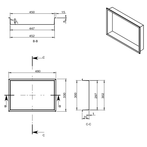 PÓŁKA ŁAZIENKOWA WNĘKOWA IGA Z KOŁNIERZEM CHROM 45X30X7 CM
