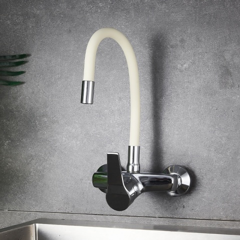 BATERIA KUCHENNA ŚCIENNA EBRO GIĘTKA WYLEWKA ECRU PODSTAWA CHROM