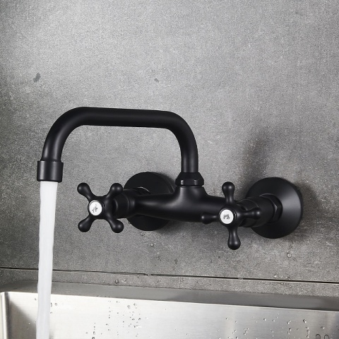 BATERIA KUCHENNA ŚCIENNA OBROTOWA DŁUGA WYLEWKA KRAN RETRO FLORA CZARNA