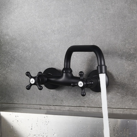 BATERIA KUCHENNA ŚCIENNA OBROTOWA DŁUGA WYLEWKA KRAN RETRO FLORA CZARNA