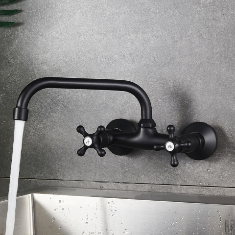 BATERIA KUCHENNA ŚCIENNA OBROTOWA DŁUGA WYLEWKA KRAN RETRO FLORA CZARNA