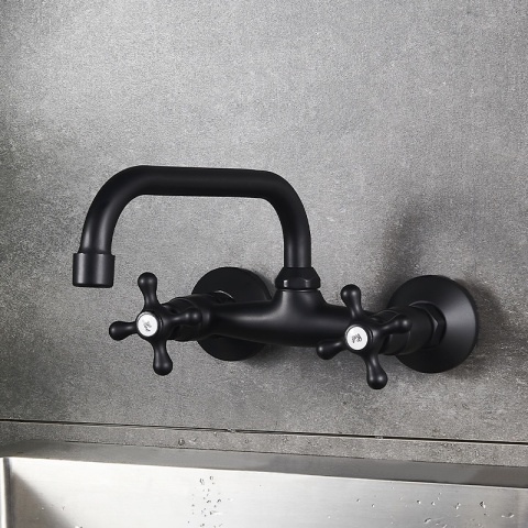 BATERIA KUCHENNA ŚCIENNA OBROTOWA DŁUGA WYLEWKA KRAN RETRO FLORA CZARNA