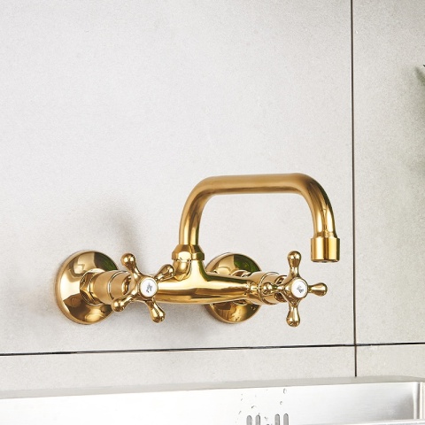 BATERIA KUCHENNA ŚCIENNA OBROTOWA DŁUGA WYLEWKA KRAN RETRO FLORA ZŁOTA