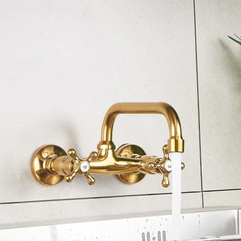 BATERIA KUCHENNA ŚCIENNA OBROTOWA DŁUGA WYLEWKA KRAN RETRO FLORA ZŁOTA