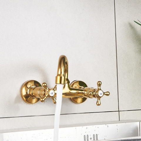 BATERIA KUCHENNA ŚCIENNA OBROTOWA DŁUGA WYLEWKA KRAN RETRO FLORA ZŁOTA