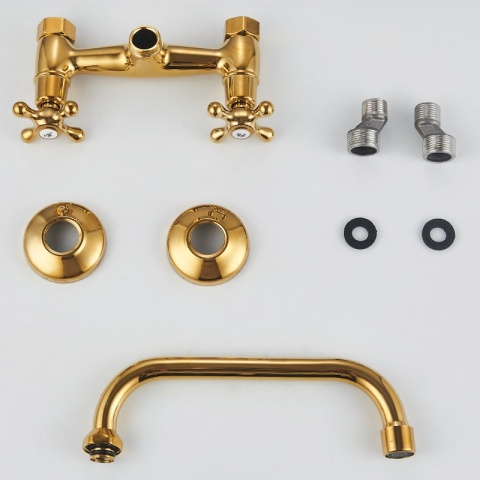 BATERIA KUCHENNA ŚCIENNA OBROTOWA DŁUGA WYLEWKA KRAN RETRO FLORA ZŁOTA