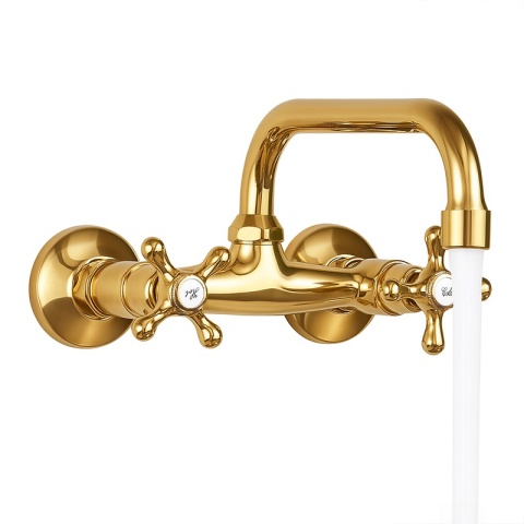 BATERIA KUCHENNA ŚCIENNA OBROTOWA DŁUGA WYLEWKA KRAN RETRO FLORA ZŁOTA