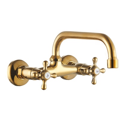 BATERIA KUCHENNA ŚCIENNA OBROTOWA DŁUGA WYLEWKA KRAN RETRO FLORA ZŁOTA