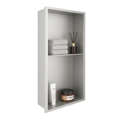 PÓŁKA ŁAZIENKOWA WNĘKOWA DUO Z KOŁNIERZEM CHROM 60X30X10 CM