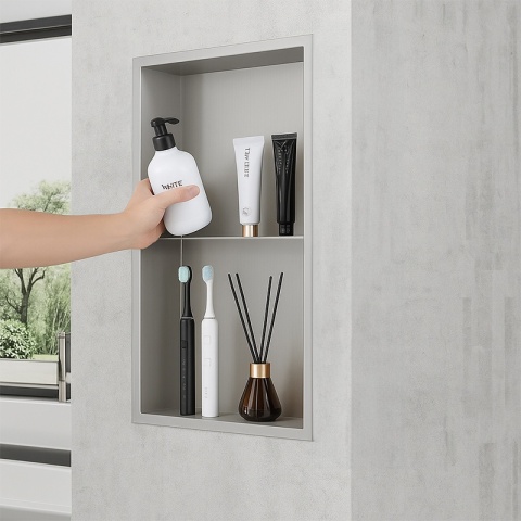 PÓŁKA ŁAZIENKOWA WNĘKOWA DUO Z KOŁNIERZEM CHROM 60X30X10 CM