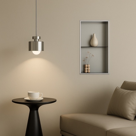 PÓŁKA ŁAZIENKOWA WNĘKOWA DUO Z KOŁNIERZEM CHROM 60X30X10 CM