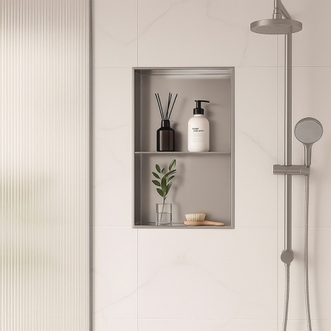 PÓŁKA ŁAZIENKOWA WNĘKOWA DUO Z KOŁNIERZEM CHROM 60X30X10 CM