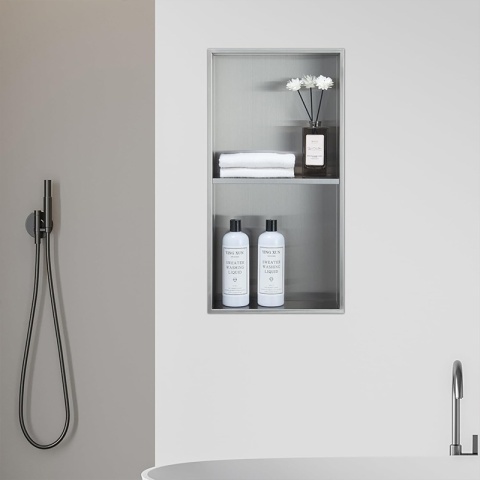 PÓŁKA ŁAZIENKOWA WNĘKOWA DUO Z KOŁNIERZEM CHROM 60X30X10 CM