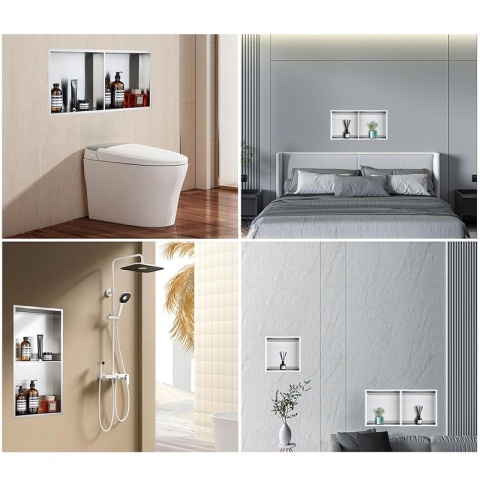 PÓŁKA ŁAZIENKOWA WNĘKOWA DUO Z KOŁNIERZEM CHROM 60X30X10 CM