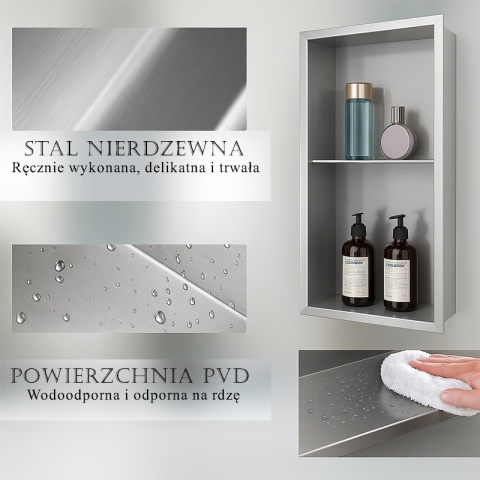 PÓŁKA ŁAZIENKOWA WNĘKOWA DUO Z KOŁNIERZEM CHROM 60X30X10 CM