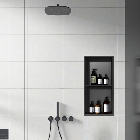 PÓŁKA ŁAZIENKOWA WNĘKOWA DUO Z KOŁNIERZEM CZARNA 60X30X10 CM