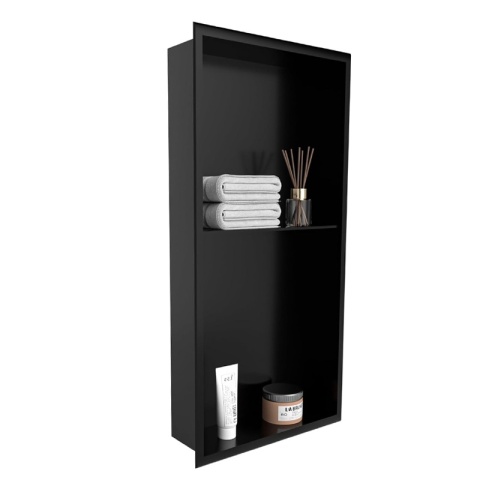 PÓŁKA ŁAZIENKOWA WNĘKOWA DUO Z KOŁNIERZEM CZARNA 60X30X10 CM