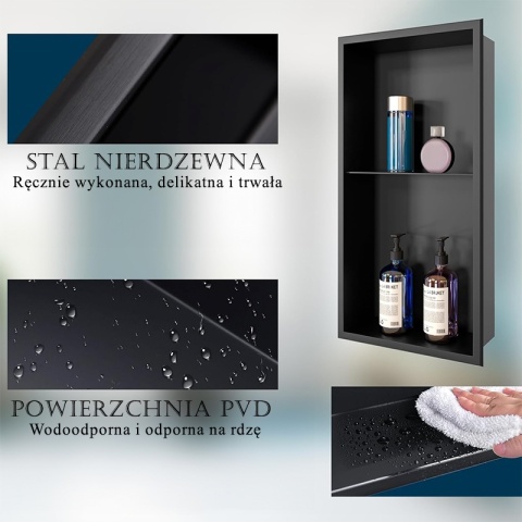 PÓŁKA ŁAZIENKOWA WNĘKOWA DUO Z KOŁNIERZEM CZARNA 60X30X10 CM