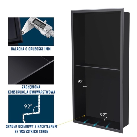 PÓŁKA ŁAZIENKOWA WNĘKOWA DUO Z KOŁNIERZEM CZARNA 60X30X10 CM
