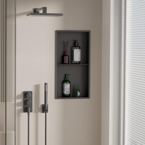 PÓŁKA ŁAZIENKOWA WNĘKOWA DUO Z KOŁNIERZEM CZARNA 60X30X10 CM