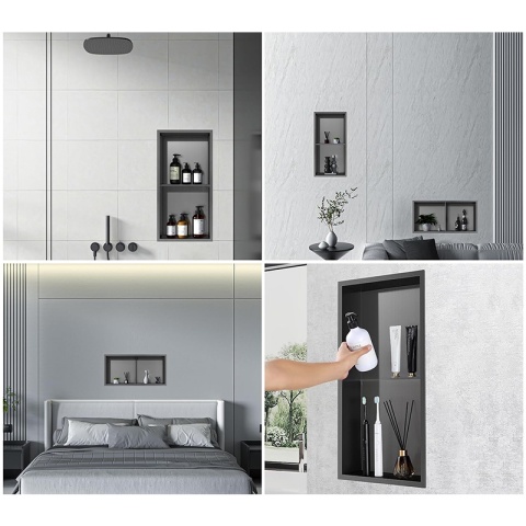 PÓŁKA ŁAZIENKOWA WNĘKOWA DUO Z KOŁNIERZEM CZARNA 60X30X10 CM