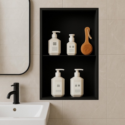 PÓŁKA ŁAZIENKOWA WNĘKOWA DUO Z KOŁNIERZEM CZARNA 60X30X10 CM