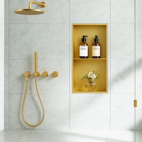 PÓŁKA ŁAZIENKOWA WNĘKOWA DUO Z KOŁNIERZEM ZŁOTA 60X30X10 CM