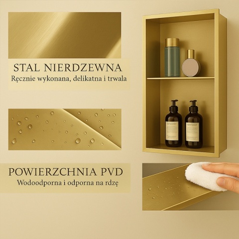 PÓŁKA ŁAZIENKOWA WNĘKOWA DUO Z KOŁNIERZEM ZŁOTA 60X30X10 CM