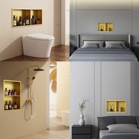 PÓŁKA ŁAZIENKOWA WNĘKOWA DUO Z KOŁNIERZEM ZŁOTA 60X30X10 CM