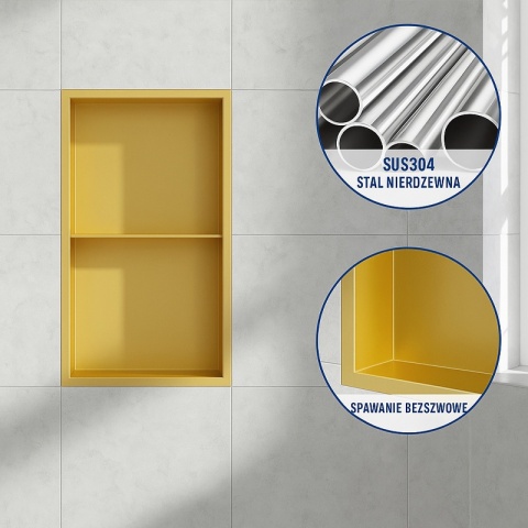PÓŁKA ŁAZIENKOWA WNĘKOWA DUO Z KOŁNIERZEM ZŁOTA 60X30X10 CM