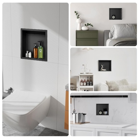 PÓŁKA ŁAZIENKOWA WNĘKOWA IGA Z KOŁNIERZEM CZARNA 30X20X10 CM