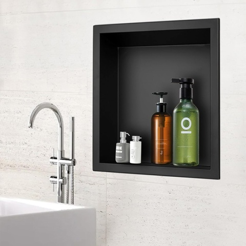 PÓŁKA ŁAZIENKOWA WNĘKOWA IGA Z KOŁNIERZEM CZARNA 30X20X10 CM