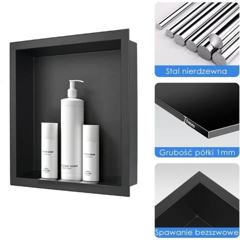 PÓŁKA ŁAZIENKOWA WNĘKOWA IGA Z KOŁNIERZEM CZARNA 30X20X10 CM