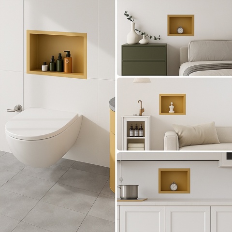 PÓŁKA ŁAZIENKOWA WNĘKOWA IGA Z KOŁNIERZEM ZŁOTA 45X30X7 CM