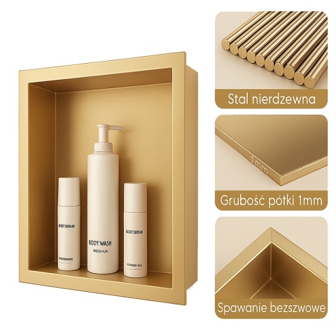 PÓŁKA ŁAZIENKOWA WNĘKOWA IGA Z KOŁNIERZEM ZŁOTA 45X30X7 CM