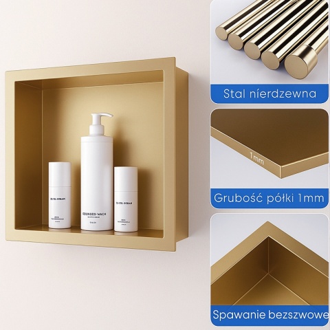 PÓŁKA ŁAZIENKOWA WNĘKOWA IGA Z KOŁNIERZEM ZŁOTY 30X20X10 CM