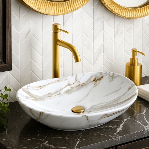 UMYWALKA NABLATOWA CERAMICZNA OWALNA LAVI-MAR1-625 BIAŁY MARMUR POŁYSK 62x36 CM