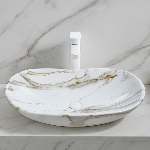 UMYWALKA NABLATOWA CERAMICZNA OWALNA LAVI-MAR1-625 BIAŁY MARMUR POŁYSK 62x36 CM